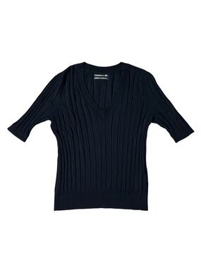 Anthropologie 3/4 Sleeve Ribbed Knit Top Black Viscose Linen Blend Size XS